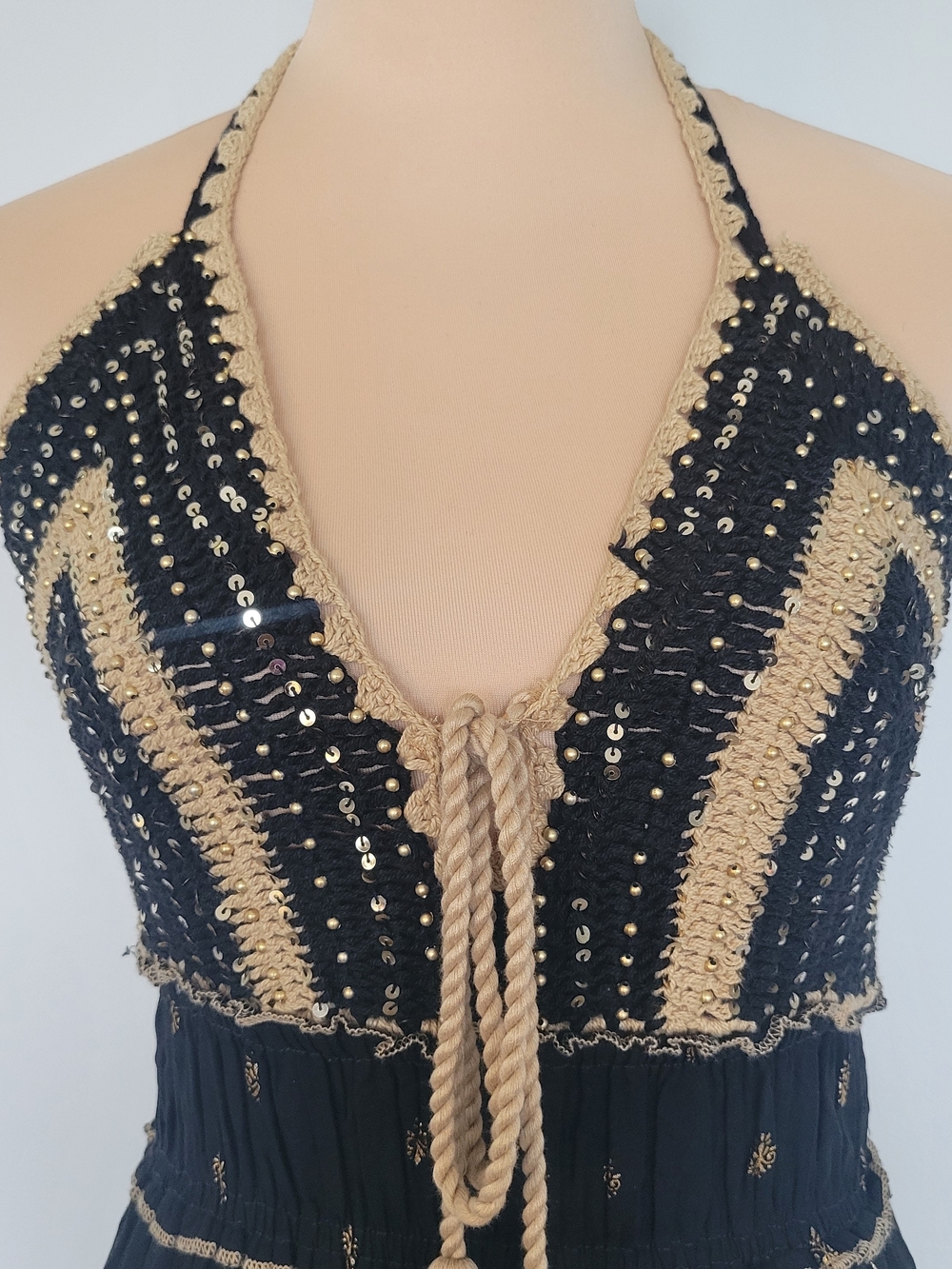 NWT Crochet Boho Coquette Bohemian Black Gold Tiered Maxi Dress Sz Large/XL - Picture 6 of 16